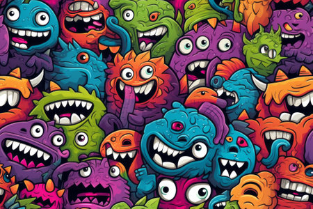 Lively monsters in a seamless pattern, perfect for a fun-loving atmosphere. Generative AI.の素材