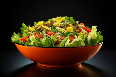 A delectable and nutritious salad featuring fresh tomatoes, crisp cucumbers, and leafy greens, created using Generative AI.の素材