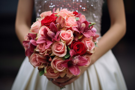 Capturing the bliss: A radiant bride holds a beautiful bouquet on her wedding day.の素材