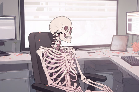 A skeleton in an office chair, adding an eerie twist to the workspace. Generative AI.の素材