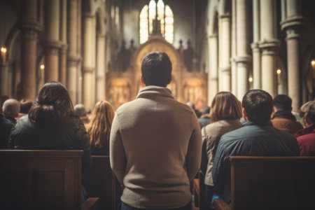 Christians pray in church, finding solace in faith. Generative AI.の素材