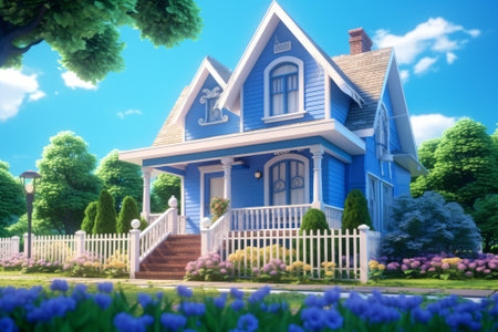 Discover tranquility in this adorable blue countryside home. Generative AI brings it to life.の素材