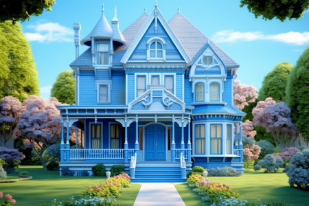 Discover tranquility in this adorable blue countryside home. Generative AI brings it to life.の素材