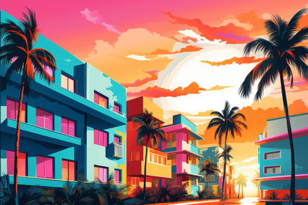 Experience Miami's pop art charm in this hyper-detailed cityscape, created with Generative AI.の素材