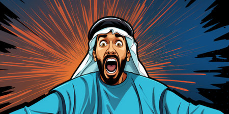 An expressive comic-style Arab male in a colorful pop art setting, conveying excitement and surprise, Generative AIの素材