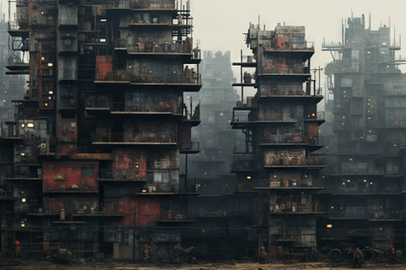 xplore a desolate world of crumbling structures and apocalyptic vistas in this haunting stock illustration.の素材