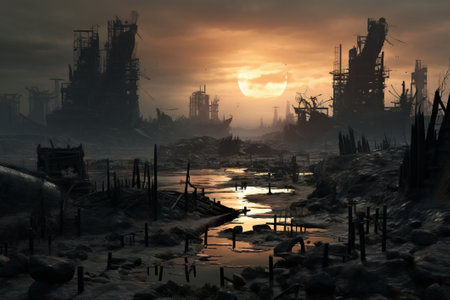 xplore a desolate world of crumbling structures and apocalyptic vistas in this haunting stock illustration.の素材