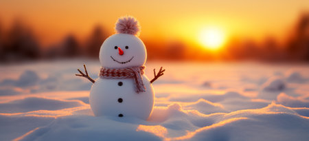 mini snowman stands joyfully against a radiant sunset backdrop, exuding warmth and cheer, Generative AIの素材