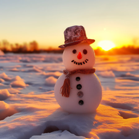 mini snowman stands joyfully against a radiant sunset backdrop, exuding warmth and cheer, Generative AIの素材