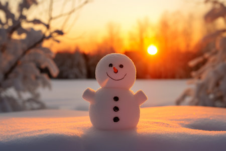 mini snowman stands joyfully against a radiant sunset backdrop, exuding warmth and cheer, Generative AIの素材
