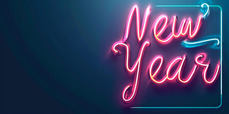 Illuminate your celebration with a vibrant neon 'New Year' sign on a dark background. Perfect for banners and festive designs, Generative AIの素材