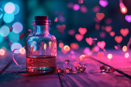 Experience the magic with a vibrant love potion bottle on a wooden table, neon lights, and flying hearts in the background. Generative AIの素材