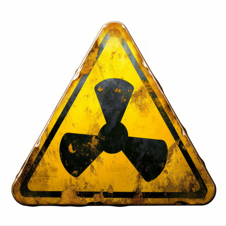 Stay cautious with this yellow triangle warning of radioactive elements on a white background, created with Generative AIの素材