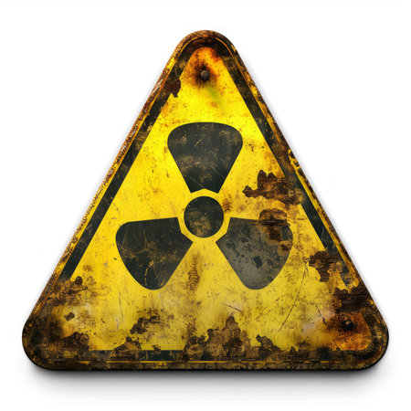 Stay cautious with this yellow triangle warning of radioactive elements on a white background, created with Generative AIの素材