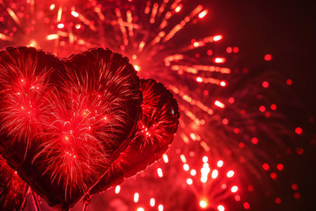 Experience love and joy as vibrant red heart fireworks light up the sky in this enchanting Generative AI illustrationの素材