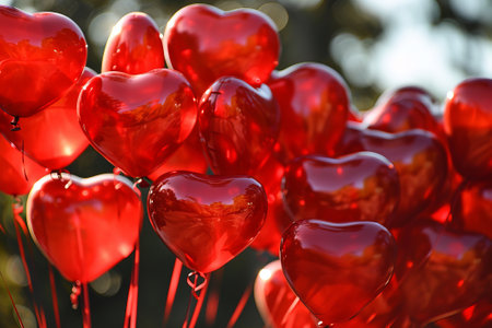 Vibrant red heart-shaped balloons floating, creating a joyful atmosphere of love and celebration. Generative AI artの素材