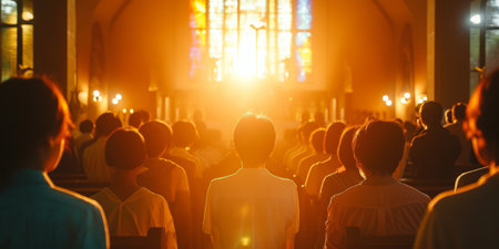 Experience the tranquility as Christians pray in church, bathed in sunset hues. A moment of peace captured by Generative AIの素材