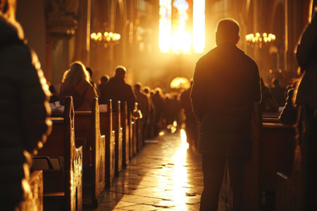 Experience the tranquility as Christians pray in church, bathed in sunset hues. A moment of peace captured by Generative AIの素材