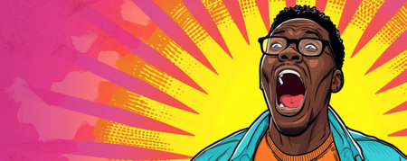 spirited black man shouting against a colorful pop art backdrop, leaving space for text or banners. Perfect for dynamic and expressive content. Generative AIの素材