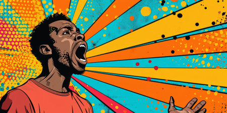 spirited black man shouting against a colorful pop art backdrop, leaving space for text or banners. Perfect for dynamic and expressive content. Generative AIの素材