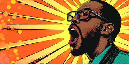 spirited black man shouting against a colorful pop art backdrop, leaving space for text or banners. Perfect for dynamic and expressive content. Generative AIの素材