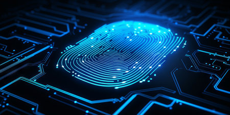 Explore the intricate world of cyber protection through this abstract fingerprint, showcasing access restriction and security. Generative AIの素材