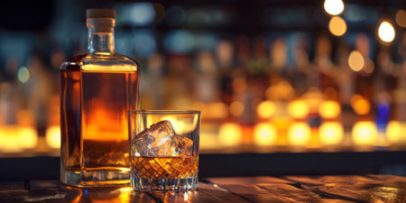 Enjoy the tranquil ambiance of an open whiskey bottle and glass on a bar table, Generative AIの素材