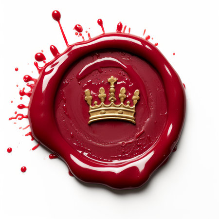 Elegant matte red wax seal adorned with a gold crown, isolated on a white background. A symbol of regality and authenticity, Generative AIの素材