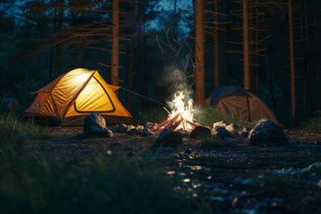 Experience the tranquility of a campfire under starlit trees in this captivating forest scene, featuring a cozy tentの素材
