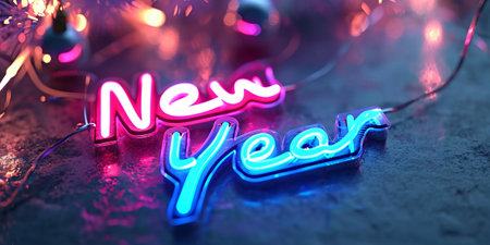 Illuminate your celebration with a vibrant neon 'New Year' sign on a dark background. Perfect for banners and festive designs, Generative AIの素材