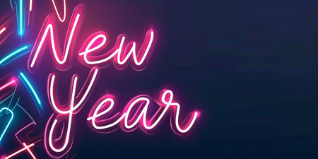 Illuminate your celebration with a vibrant neon 'New Year' sign on a dark background. Perfect for banners and festive designs, Generative AIの素材