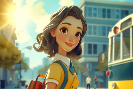Join a cheerful schoolgirl at the bus stop in this delightful stock illustration, crafted with the magic of generative AIの素材