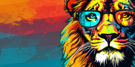 Explore the charm of a cute lion in shades against a lively pop art backdrop, powered by Generative AIの素材