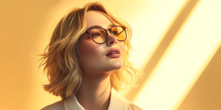 A serene illustration featuring a stylish blond woman in eyeglasses against a clean, light background, Generative AIの素材