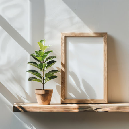 Create a serene atmosphere with this mock-up featuring a horizontal wood frame, a simple plant on a wooden shelf, all on a white background. Generative AIの素材