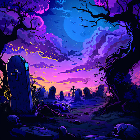 Experience the eerie charm of Halloween in this vibrant graveyard scene under a blue-purple sky. Created with the magic of generative AIの素材