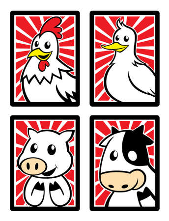 Four cute animal characters in the frame with the background red shineのイラスト素材