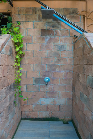 Brick wall and stairs in a public park, closeup of photoの写真素材