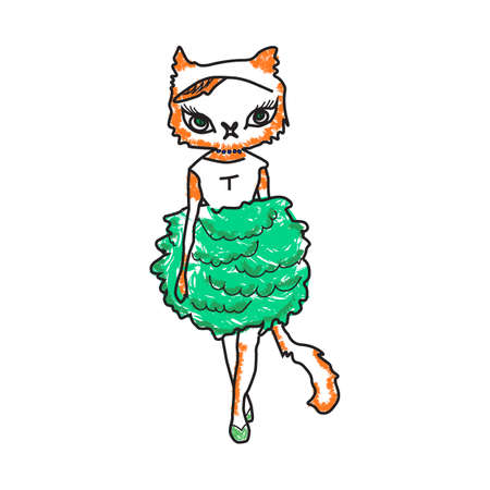 illustration of a fashionable cat in a dress. Hipster in summer clothes.のイラスト素材