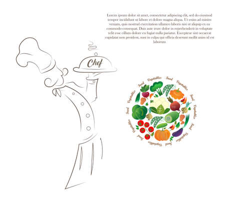 Silhouette drawing of the chef, illustration of the vegetables. Finished design for restaurant, bistroのイラスト素材