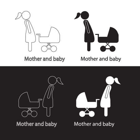 Icon women mother with a pram. Black white logo for social advertisingのイラスト素材
