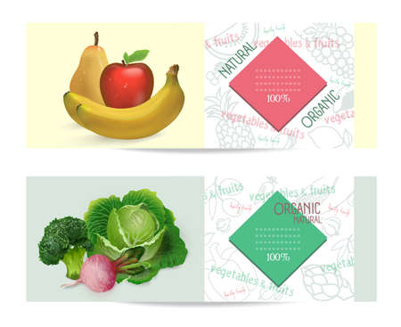 Advertising banner with vegetables and fruits on the topic of healthy eating. Ready design.のイラスト素材