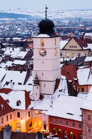 clock tower in sibiu city at duskの写真素材