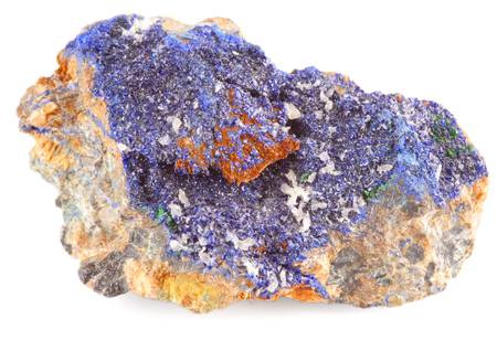 Azurite is a soft, deep blue copper mineral produced by weathering of copper ore deposits