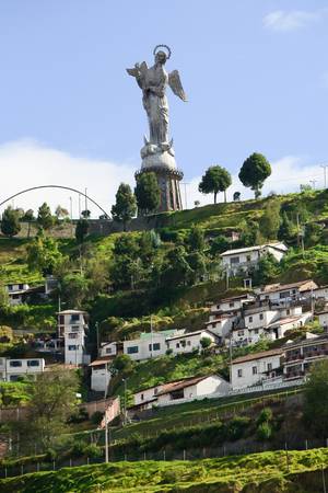 Monument of La Virgen De Panecillo located in Quito hills, Ecuadorの写真素材