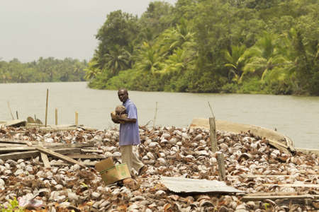 Santa Rosa island, Ecuador - September 7, 2011 : Afroman working on the banana island of Santa Rosa, Ecuadorのeditorial素材