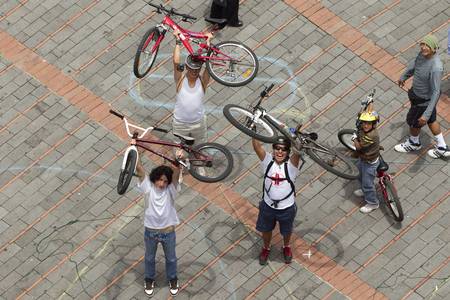 Quito,Ecuador - September 24, 2011 : Group of people prazing bycicle during the 350 movement to solve the climate crisis, event held on Quito,Ecuador - September 24, 2011のeditorial素材