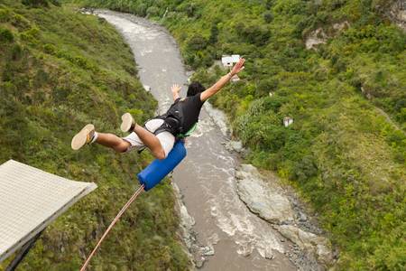 bungee jumping sequence in banos de agua Santa, Ecuador, san francisco bridgeの写真素材