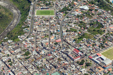 Banos de Agua Santa, Tungurahua province Ecaudor, aerial telephoto shotの写真素材