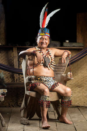 Shaman in Ecuadorian Amazonia during a real ayahuasca ceremony, model released image, as seen in April 2015の写真素材